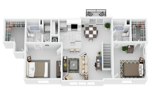 Floor plan for 2 beds, 2 baths, 1267 sqft